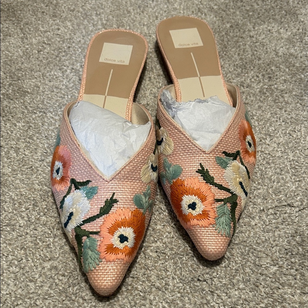 Dolce Vita Floral Embroidered Mules - Pink and Orange